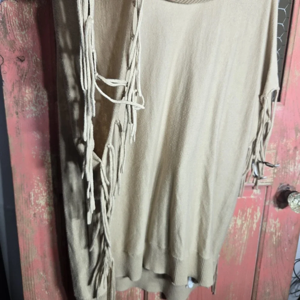 Michael Kors Womens Sweater‎ Fringe Cowl Neck Tunic Beige Poncho Sz M Oversized